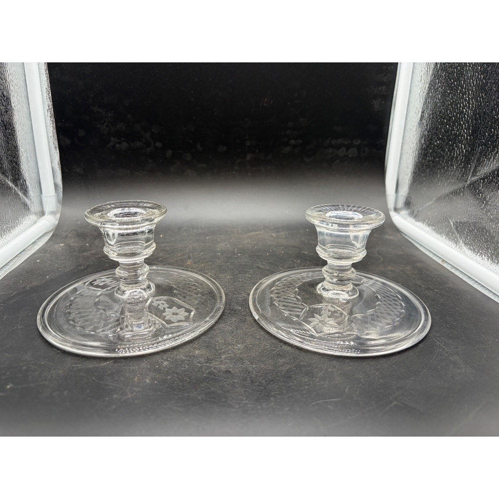 Vintage Etched Floral Clear Glass Candlestick Holders‎ Pair 3 Inch Taper Set